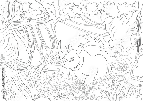 Rhino in Jungle Line Art Illustration for Coloring Book, Black and white line art illustration featuring a rhinoceros amidst dense jungle foliage with trees, vines, and ferns. A small animal, 