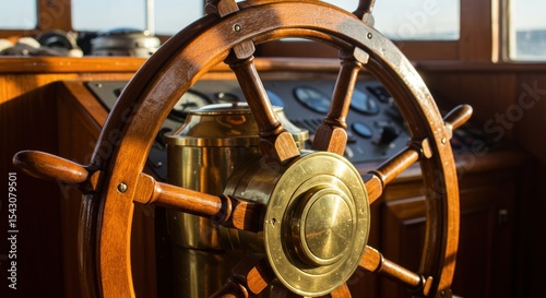 Classic wooden ship wheel close up photo