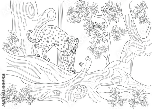 Leopard on Log Line Art for Coloring Book, Detailed black and white line drawing of a spotted leopard or jaguar standing on a fallen tree log in a dense jungle or forest environment, perfect for a 