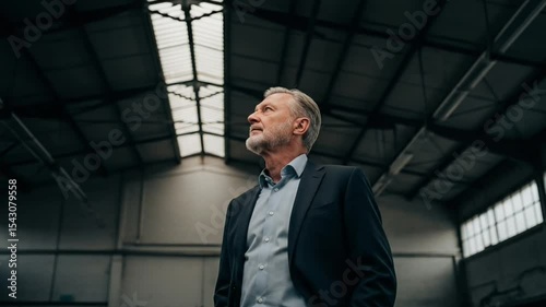 Wallpaper Mural Serious Mature Businessman In Black Suit And Light Blue Shirt Under Warehouse Ceiling Low Angle Shot Emphasizing Leadership Vision And Determination Torontodigital.ca
