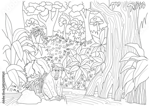 Jungle Scene Line Art with Monkey, Black and white line drawing perfect for coloring, depicting a vibrant jungle scene with a monkey sitting on a rock by the water, surrounded by trees and lush 