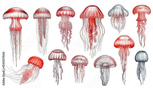 Many red and white jellyfish float.