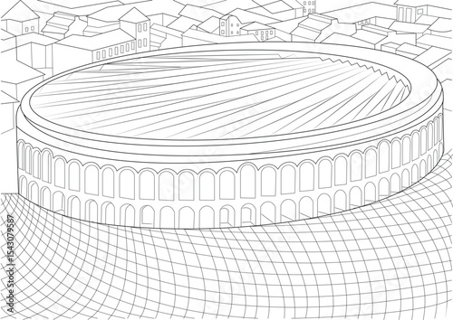Verona Arena Line Art Illustration, A detailed black and white line art illustration of the historic Verona Arena in Italy, showcasing its architectural structure and surrounding buildings. Ideal 