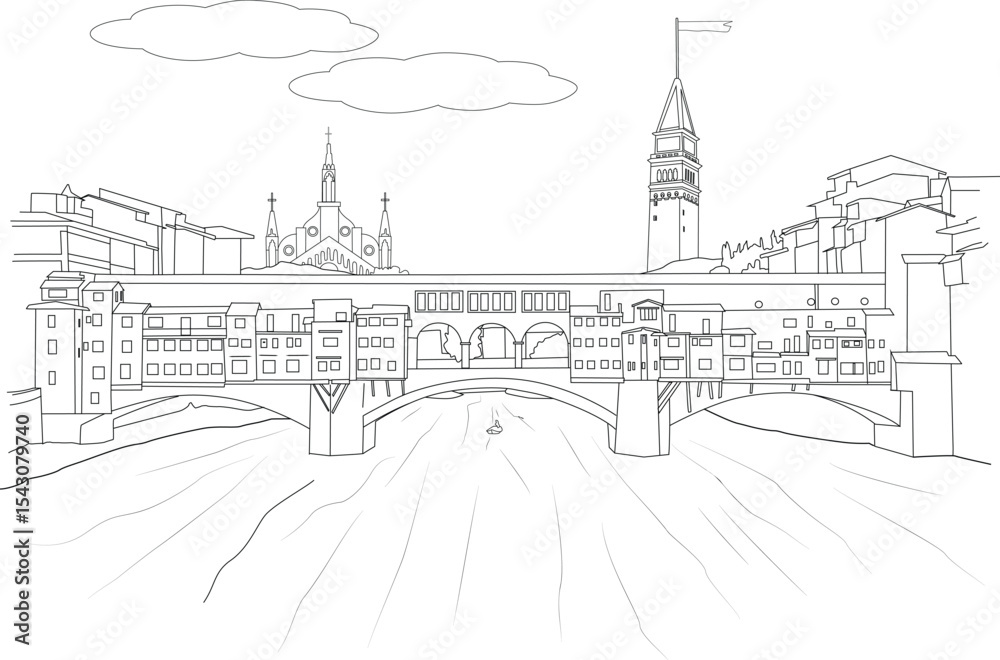 Ponte Vecchio Bridge in Florence Italy Line Drawing, A simple black and white line drawing illustration of the iconic Ponte Vecchio bridge spanning the Arno River in Florence, Italy. The 