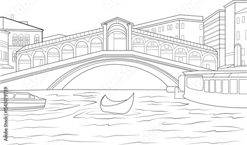 Rialto Bridge in Venice Italy Line Art, Line art illustration of the iconic Rialto Bridge spanning the Grand Canal in Venice, Italy. Features a gondola and other boats on the water with classic 