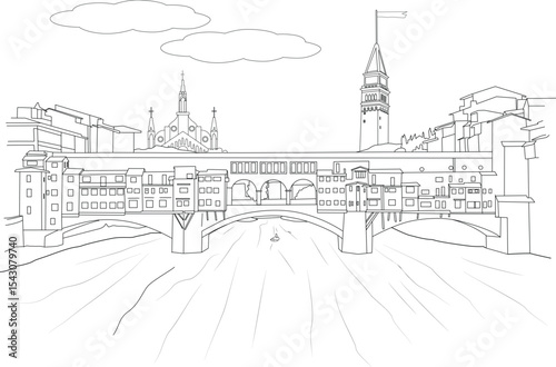 Ponte Vecchio Bridge in Florence Italy Line Drawing, A simple black and white line drawing illustration of the iconic Ponte Vecchio bridge spanning the Arno River in Florence, Italy. The 