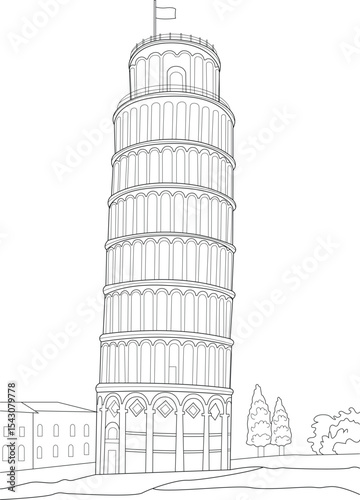 Leaning Tower of Pisa Line Art Illustration, Minimalist black and white line art illustration of the iconic Leaning Tower of Pisa in Italy, a famous historical landmark and popular tourist 