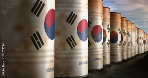South Korea chemical and oil business barrels in row seamless and loopable concept. South Korean petrol industrial drum containers.