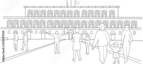 Line Art Illustration of Palazzo Pitti in Florence, A minimalist black and white line drawing depicting the facade of the historic Palazzo Pitti in Florence, Italy. Several abstract figures of 