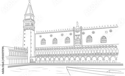 Venice Doge's Palace Line Art, Simple black and white line drawing illustration of the famous Doge's Palace and St. Mark's Campanile overlooking the canal in Venice, Italy. 