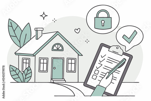 Hand filling out checklist for home safety and insurance with lock icon