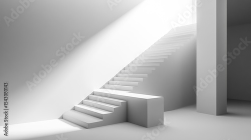 Minimalist white architectural space with geometric stairs and abstract shapes sunlight clean modern art design
