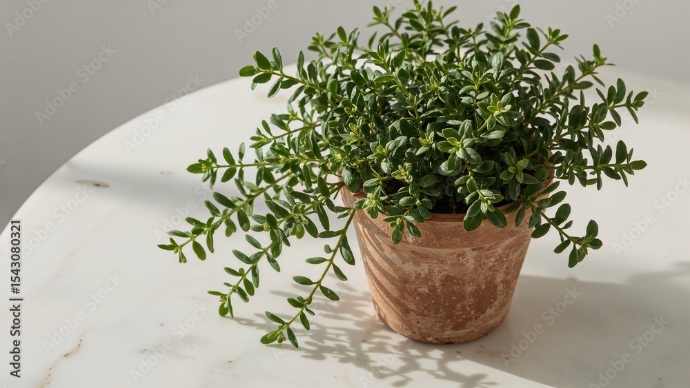 Fototapeta premium Potted thyme plant on white marble table