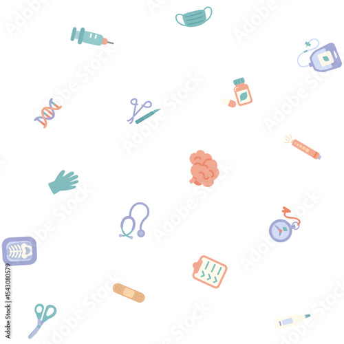 可愛くてシンプルな医療関係のアイコンのシームレスパターン／透明背景(Seamless Pattern of Cute and Simple Medical Icons on Transparent Background)