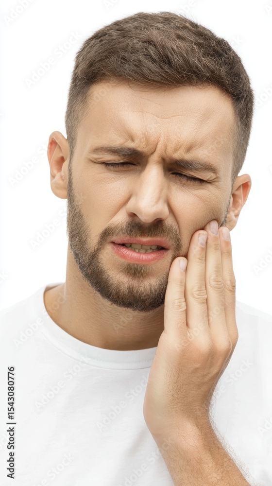 Obraz premium Bearded male experiencing intense dental pain, pressing hand against swollen cheek, wincing with closed eyes against white backdrop