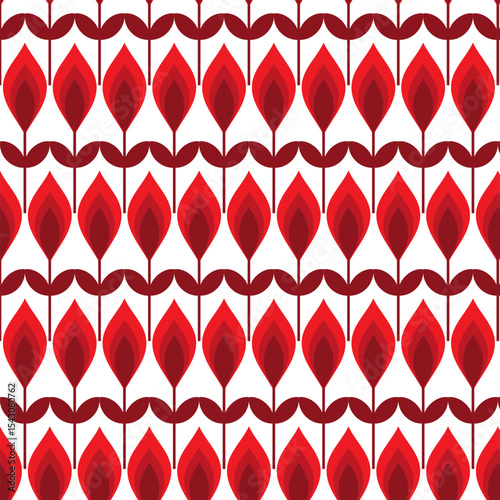 Seamless abstract vector pattern. An artistic interpretation of a flower, made in a simplified form using shades of red on a white background.
