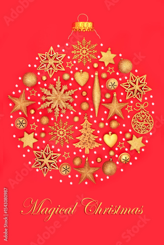 Wallpaper Mural Magical Christmas surreal tree bauble round decoration on red background. Abstract festive gold glitter and snowflake design for the holiday season. Greeting card, gift tag. Torontodigital.ca