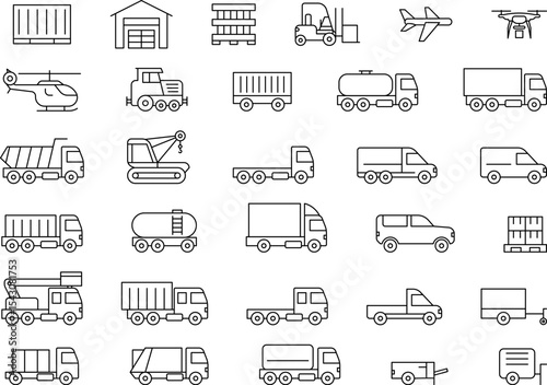 Commercial vehicles line icon set. Vector pictograms collection of container, pallet, forklift, plane, drone, helicopter, ship, train, cargo truck, warehouse.