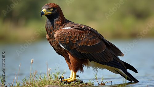 A bird of prey with striking plumage stands near water, showcasing its powerful stance.