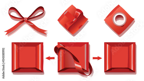 Illustration showing the steps to wrap a red ribbon around a square gift box with a bow on top