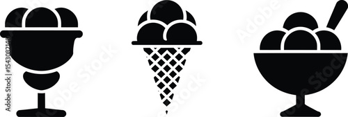 Simple Black and White Vector Icons of Ice Cream in Different Serving Styles