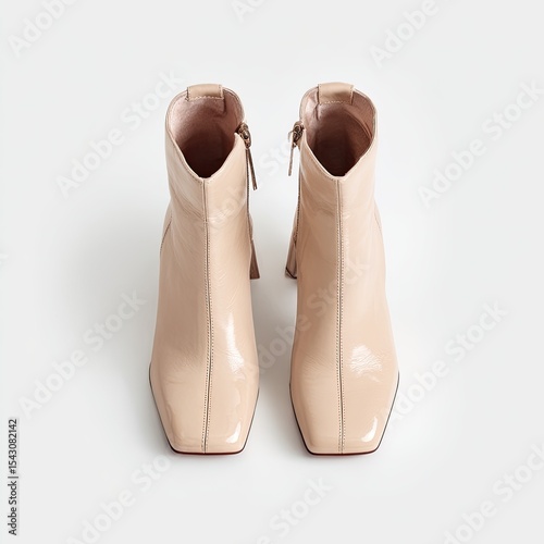 Elegant, light beige leather ankle boots with chunky block heels and fringe details
