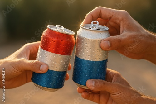 Hands holding colorful cans toasting in outdoor celebration setting