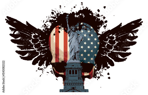 Vector banner with human skull, Statue of Liberty, American flag, spots, splashes and bird wings. Print for clothes, fabric, t-shirt design, tatoo. Halloween party. No AI used