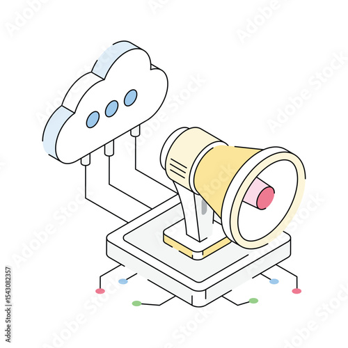 Ready to use isometric outline icon denoting cloud marketing