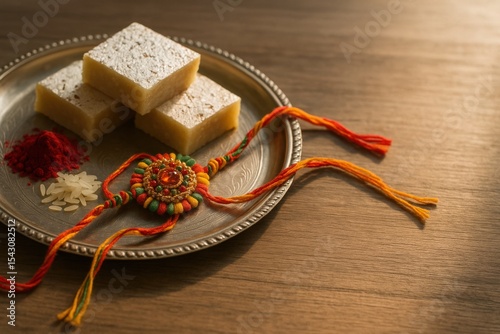 Traditional rakhi with sweets and roli chawal on wooden surface, symbol of Indian sibling