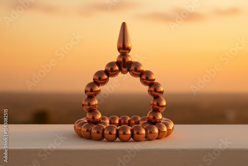 Artistic metal sculpture with spherical design at sunset overlooking horizon