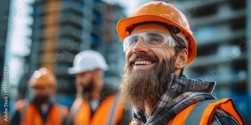 Smiling Tradesman on Construction Site Wearing Protective Eyewear and Hard Hat with Safety Gear