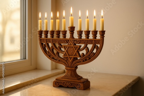 Wooden menorah with lit candles placed on windowsill, symbolizing Hanukkah celebration indoors