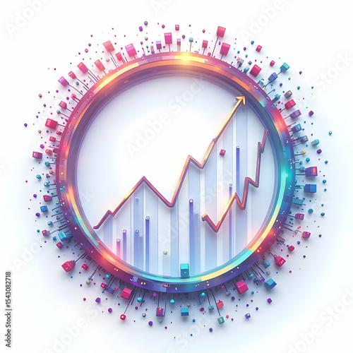 Rising Chart with Arrow Inside Circular Frame and Surrounding Elements