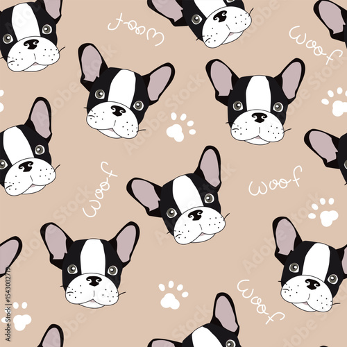 Vector seamless pattern with cute cartoon dog puppies. Can be used as a background, wallpaper, fabric and for other design.French Bulldog pattern