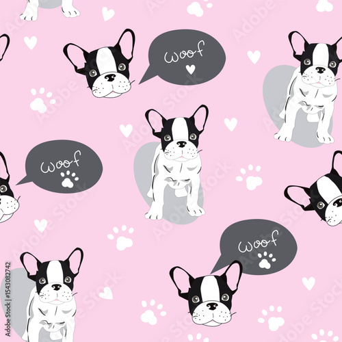 Vector seamless pattern with cute cartoon dog puppies. Can be used as a background, wallpaper, fabric and for other design.French Bulldog pattern