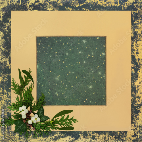Wallpaper Mural Winter solstice greenery Christmas gold green grunge background. Mistletoe, ivy, cedar fir leaves on gold frame grunge green background. Wicca, Pagan Druid festive symbols. Torontodigital.ca