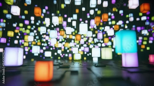 Colorful illuminated lanterns floating in a dark space, creating a vibrant atmosphere
