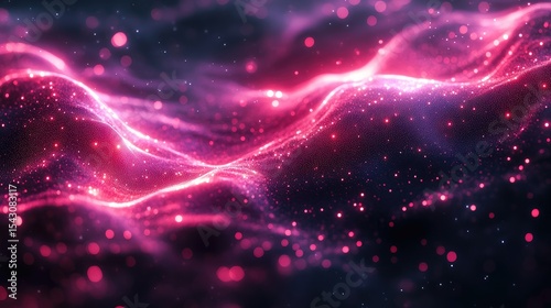 Abstract glowing pink waves, dark background, particle effect.  Possible use for digital art, design, technology