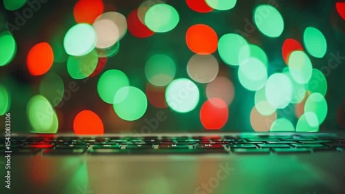 Close-up of a laptop keyboard with colorful bokeh lights in the background, creating a vibrant atmosphere