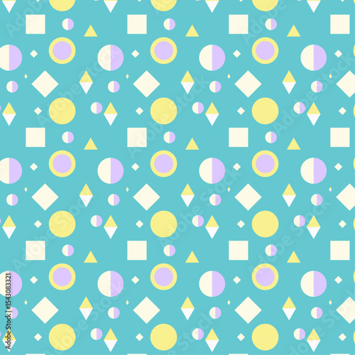 Seamless Geometric Pattern with Yellow Circles, Purple Half-Circles, and Diamonds