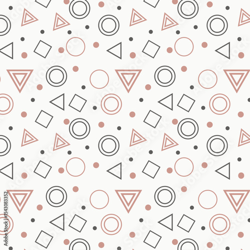 Seamless Geometric Repeat Pattern with Pink-Outlined Circles, Triangles, Squares, and Dots