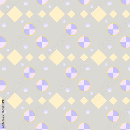 Seamless Geometric Repeat Pattern with Yellow Diamonds and Purple Circles
