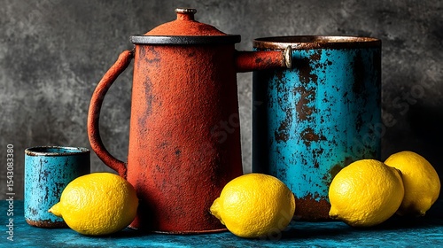 the image features a still life arrangement with several objects set against a textured background