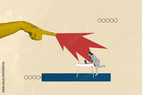 3D collage trend artwork sketch poster of sign hand body language finger gesture shooting gun aged woman stand work laptop office manager photo