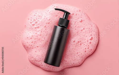 Elegant blush pink cosmetic pump surrounded by soft cleansing foam, perfect for beauty and wellness visuals.