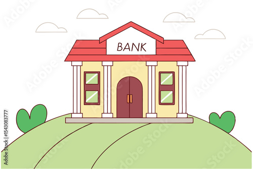 Cartoon Bank Building on Hill with Red Roof and Faint Clouds Above
