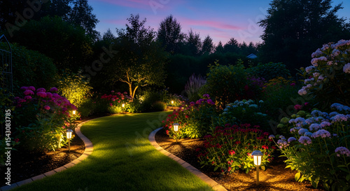 Enchanting Evening Garden Landscape Pathway Lights, Blooming Flowers, Serene Ambiance