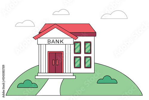 Cartoon Bank Building on Green Hill with Pink Roof and Clouds