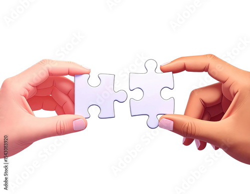 Hands Connecting White Jigsaw Puzzle Pieces on White Background and Selection, Teamwork and Solution, Partnership and Unity Symbolized by Jigsaw